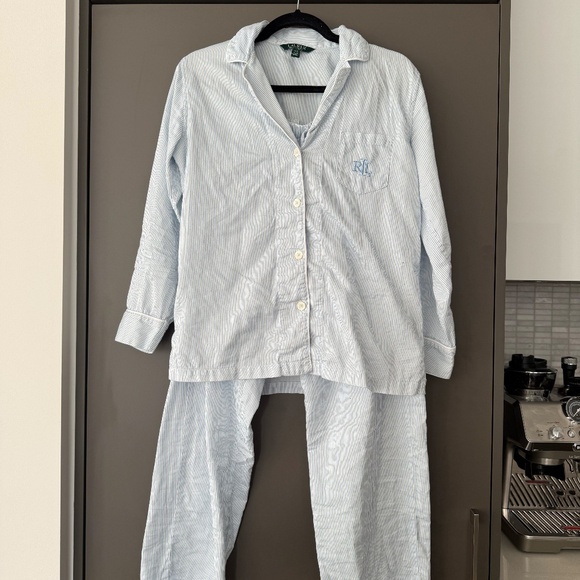 Lauren Ralph Lauren Blue & White Striped Pajama Set | Button-Up Sleepwear Size S - Picture 9 of 10